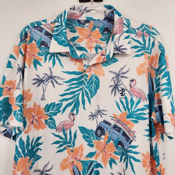 Izod Golf Stretch Polo Shirt Mens Size Large Tropical Short Sleeve Flamingo Car - Picture 2 of 7